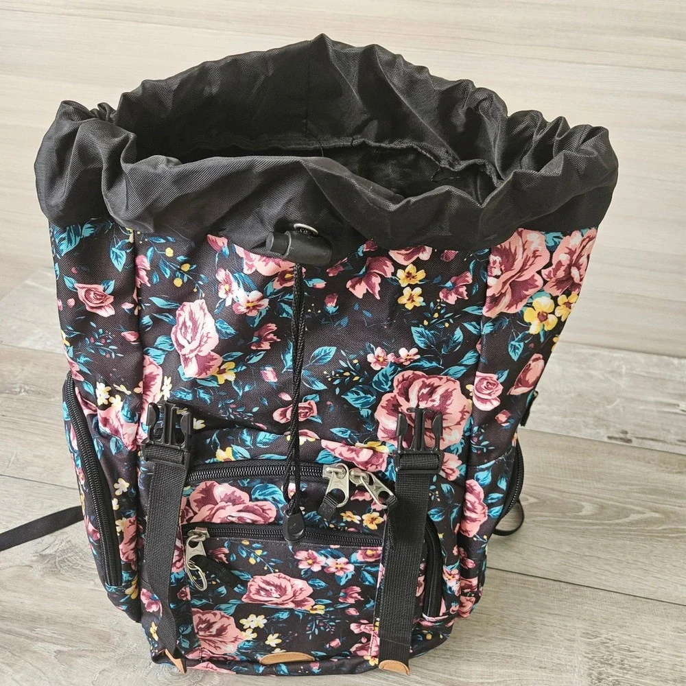 High Sierra Backpack Floral Rose Print Large Black Multi Pocket School Bag